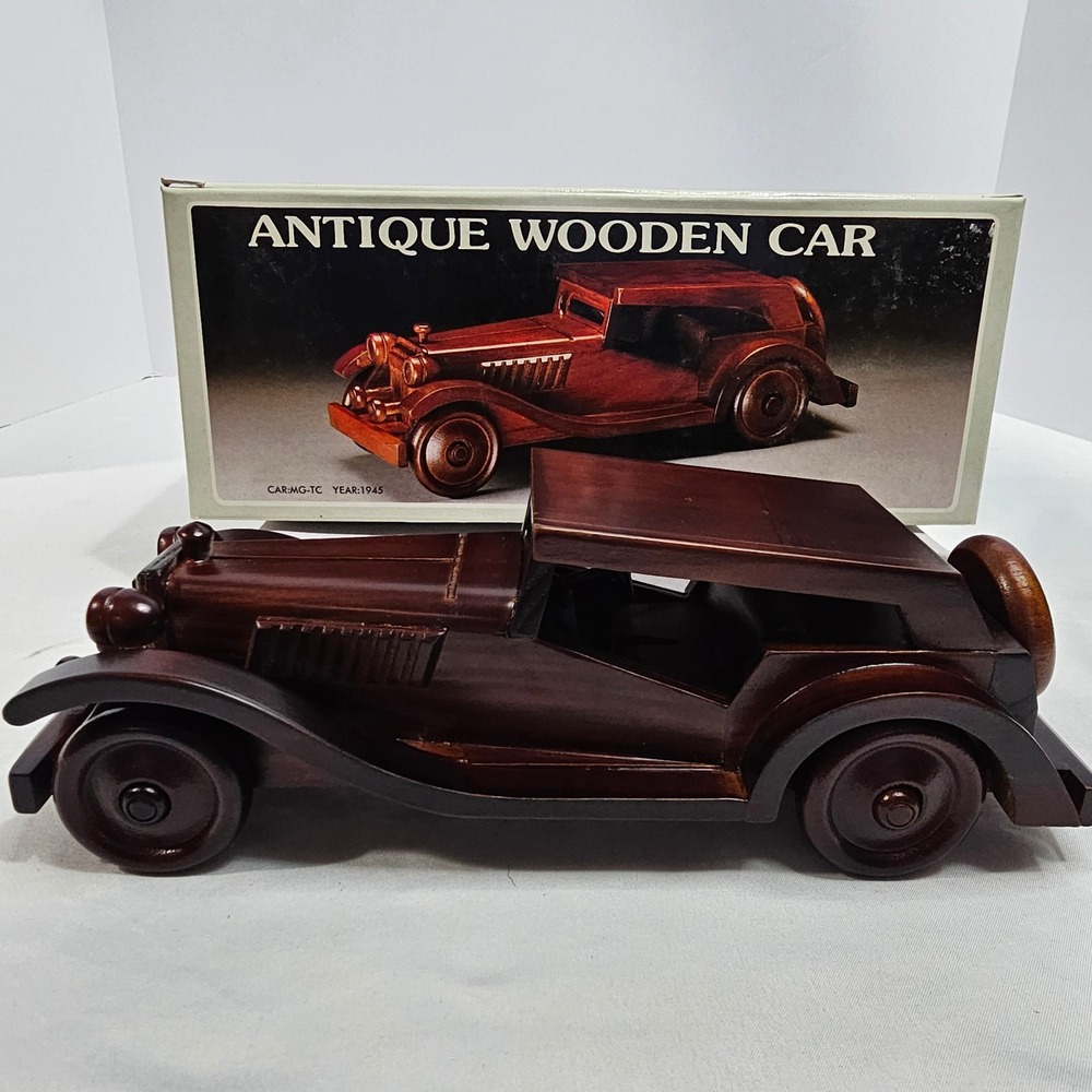 Vintage  Wooden Car Model MG-TC 1945 Replica Handcrafted Decor with Box